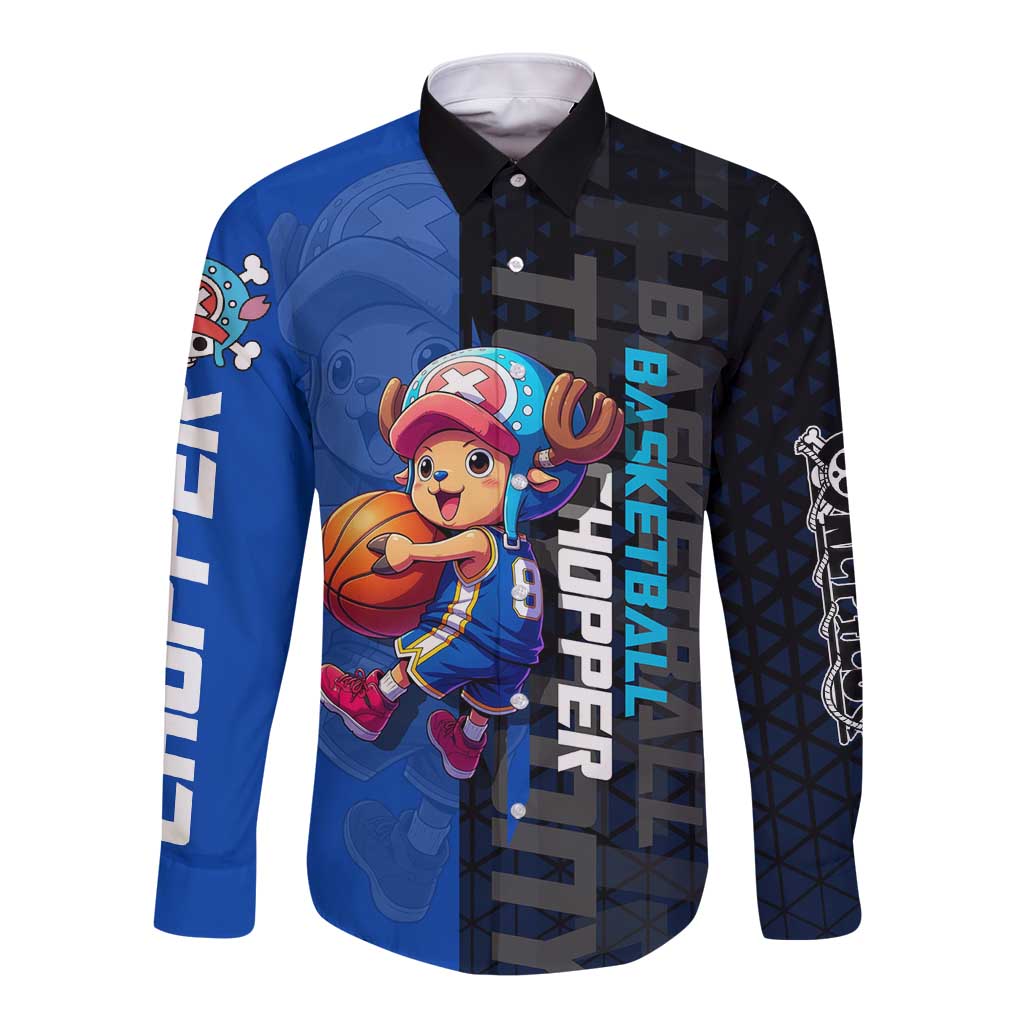 Tony Tony Chopper One Piece Basketball Theme Blue and Black Design Long Sleeve Button Shirt with Straw Hat Crew Emblem and Playful Pose - The Mazicc