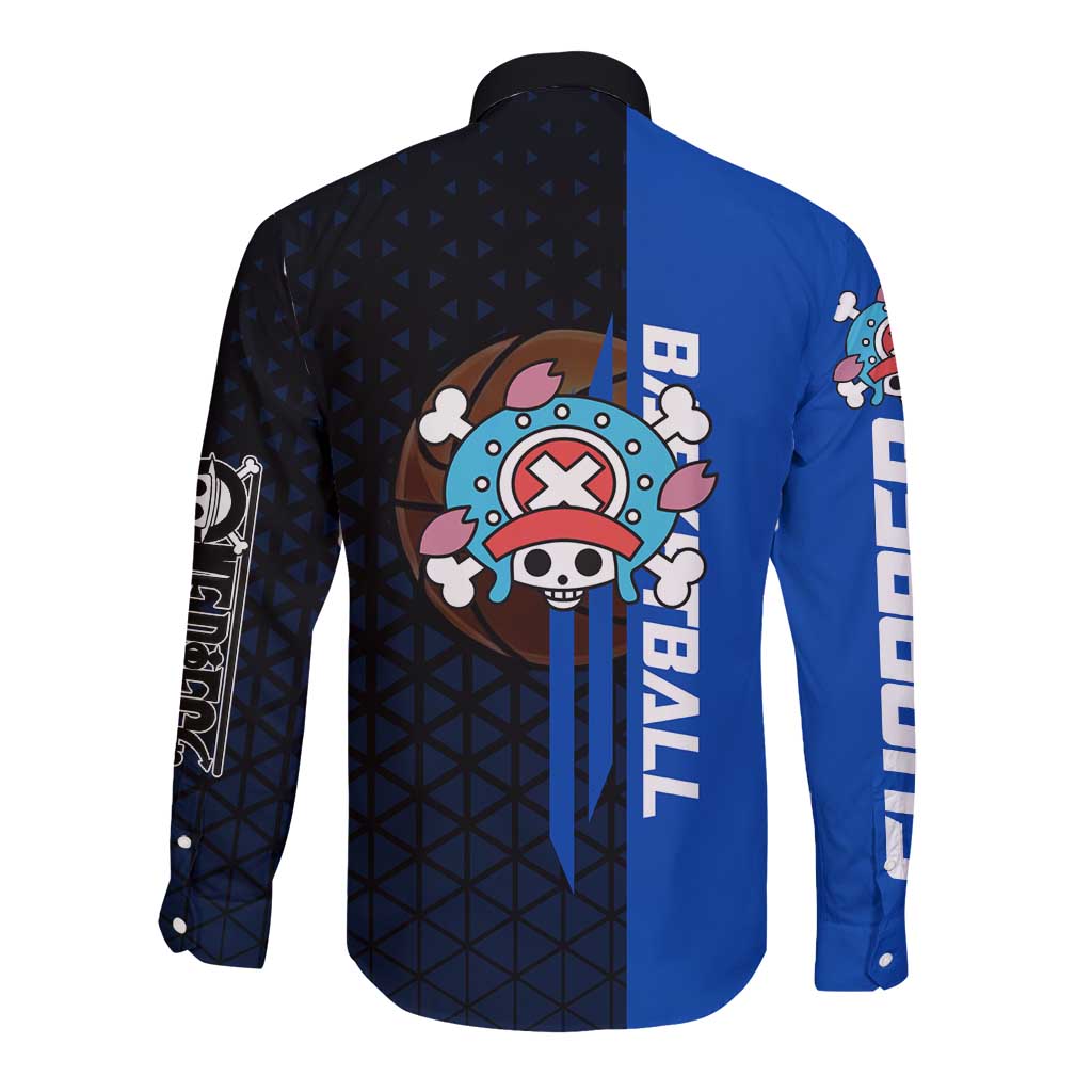 Tony Tony Chopper One Piece Basketball Theme Blue and Black Design Long Sleeve Button Shirt with Straw Hat Crew Emblem and Playful Pose - The Mazicc