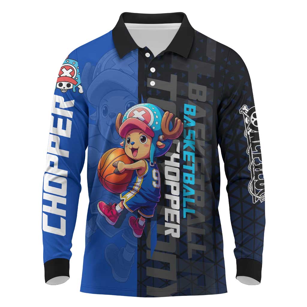 Tony Tony Chopper One Piece Basketball Theme Blue and Black Design Long Sleeve Polo Shirt with Straw Hat Crew Emblem and Playful Pose - The Mazicc