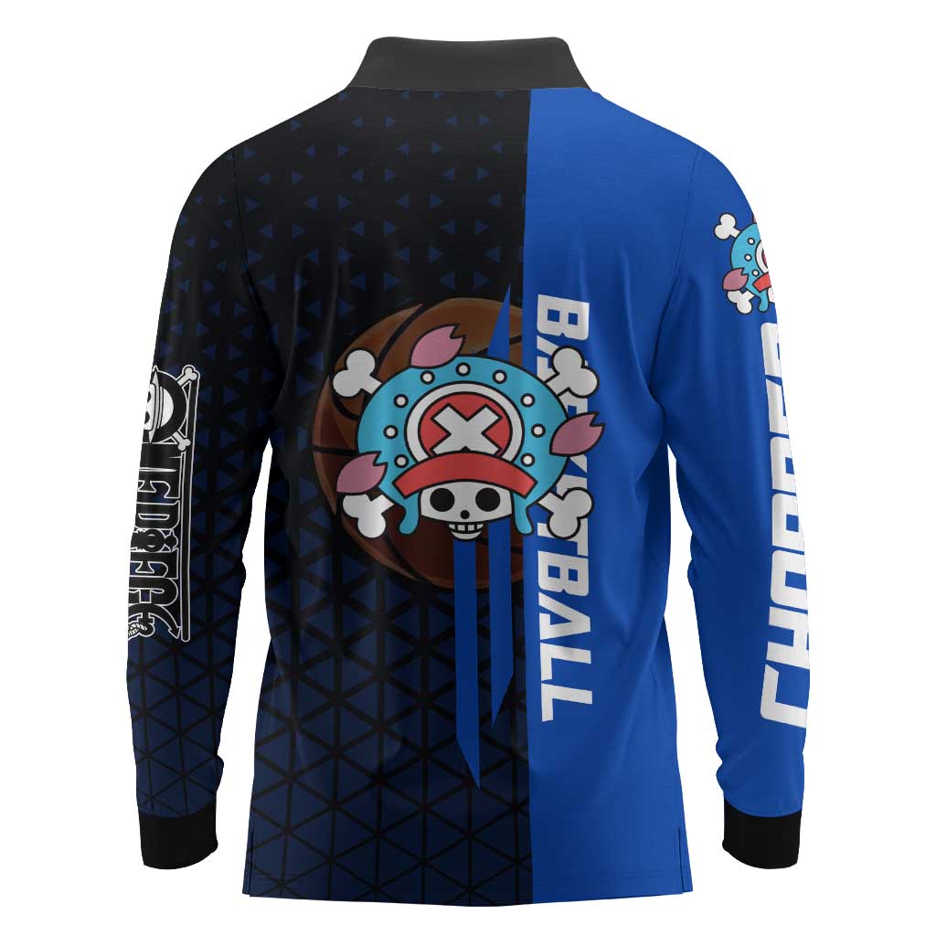 Tony Tony Chopper One Piece Basketball Theme Blue and Black Design Long Sleeve Polo Shirt with Straw Hat Crew Emblem and Playful Pose - The Mazicc