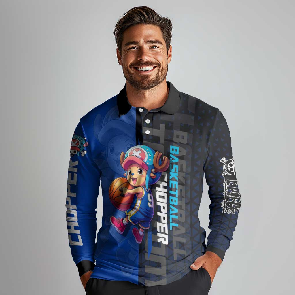 Tony Tony Chopper One Piece Basketball Theme Blue and Black Design Long Sleeve Polo Shirt with Straw Hat Crew Emblem and Playful Pose - The Mazicc