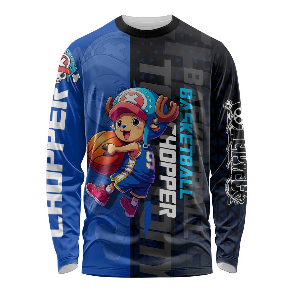Tony Tony Chopper One Piece Basketball Theme Blue and Black Design Long Sleeve Shirt with Straw Hat Crew Emblem and Playful Pose - The Mazicc