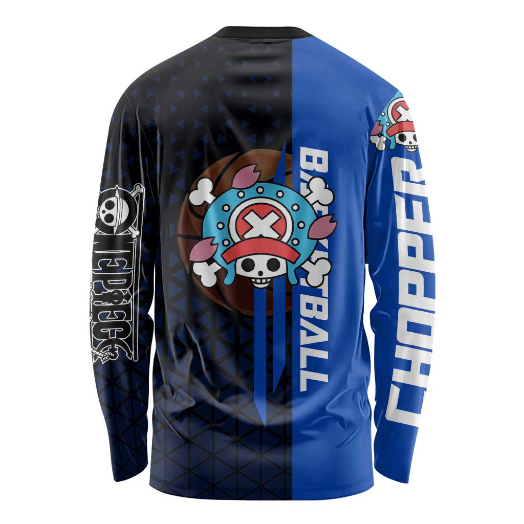 Tony Tony Chopper One Piece Basketball Theme Blue and Black Design Long Sleeve Shirt with Straw Hat Crew Emblem and Playful Pose - The Mazicc
