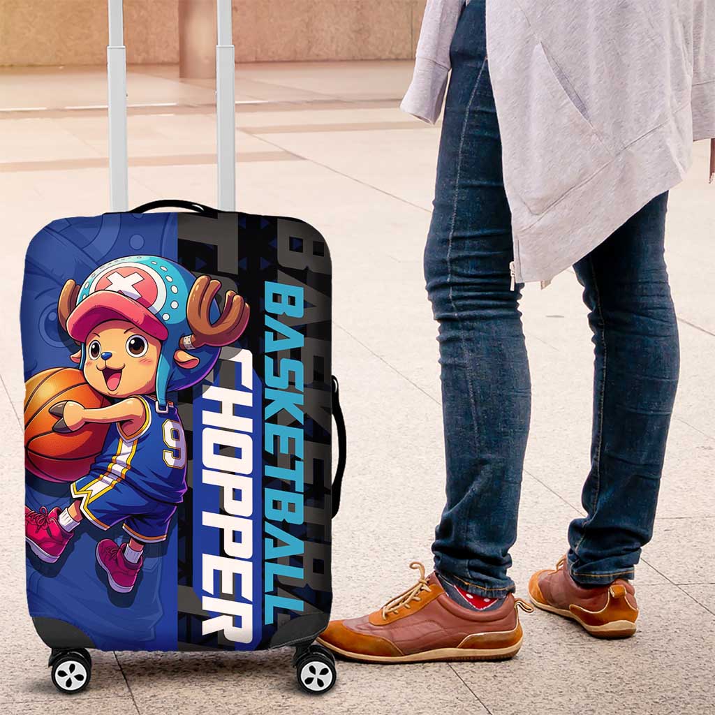 Tony Tony Chopper One Piece Basketball Theme Blue and Black Design Luggage Cover with Straw Hat Crew Emblem and Playful Pose - The Mazicc