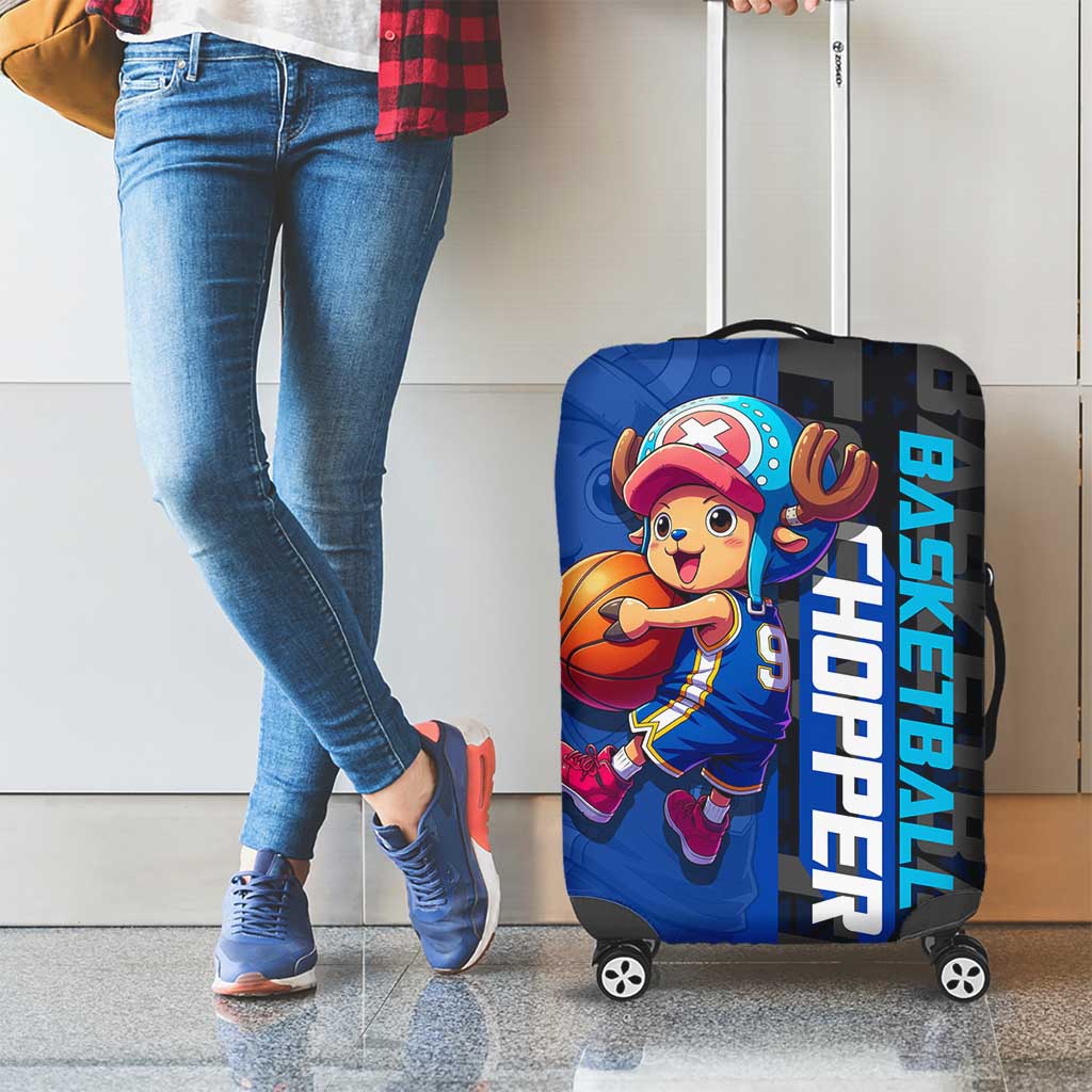 Tony Tony Chopper One Piece Basketball Theme Blue and Black Design Luggage Cover with Straw Hat Crew Emblem and Playful Pose - The Mazicc