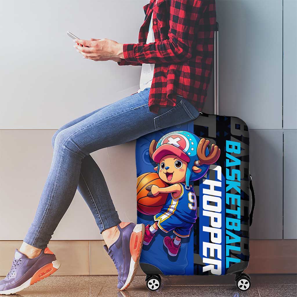 Tony Tony Chopper One Piece Basketball Theme Blue and Black Design Luggage Cover with Straw Hat Crew Emblem and Playful Pose - The Mazicc