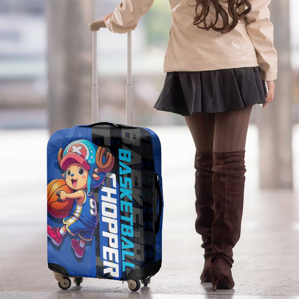 Tony Tony Chopper One Piece Basketball Theme Blue and Black Design Luggage Cover with Straw Hat Crew Emblem and Playful Pose - The Mazicc