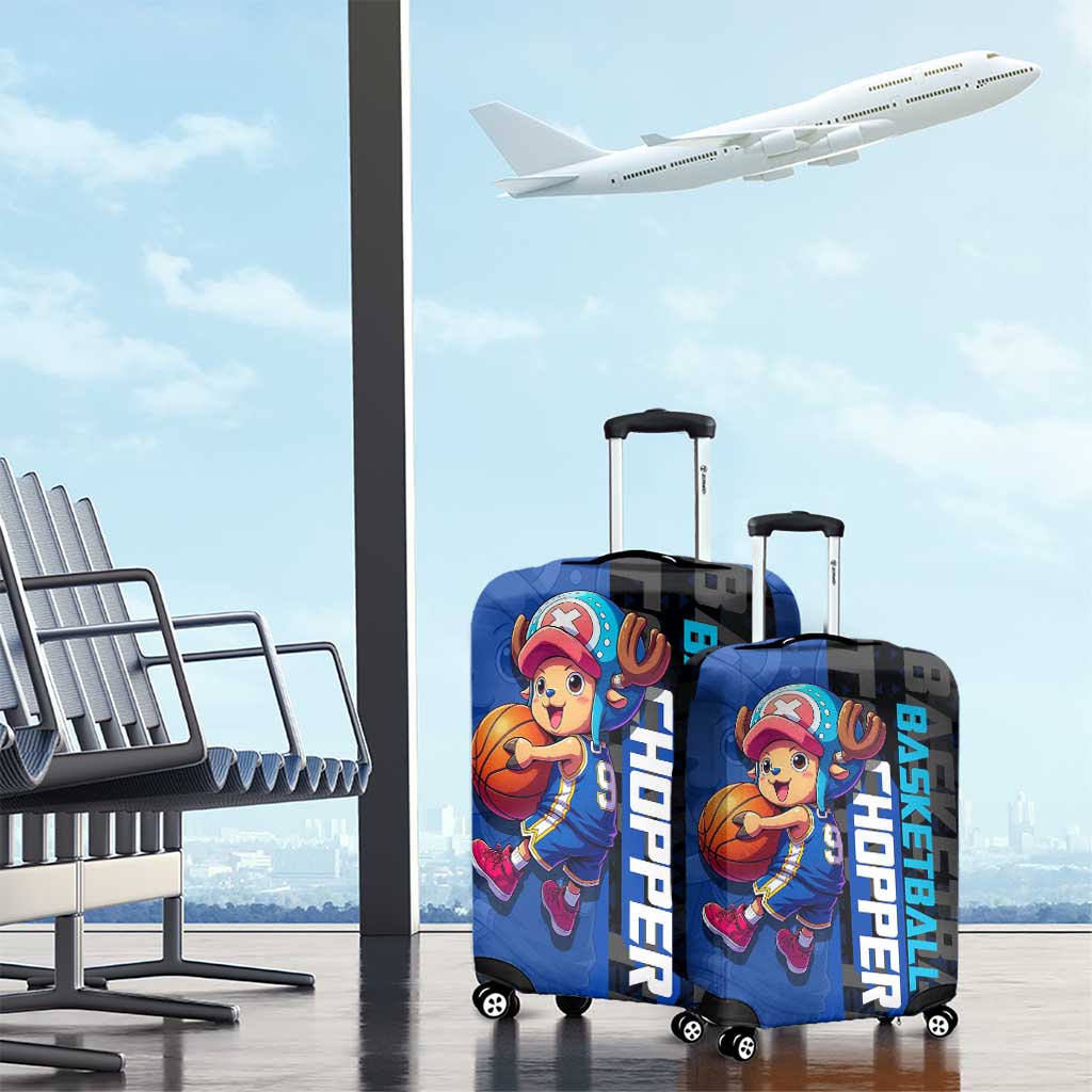 Tony Tony Chopper One Piece Basketball Theme Blue and Black Design Luggage Cover with Straw Hat Crew Emblem and Playful Pose - The Mazicc