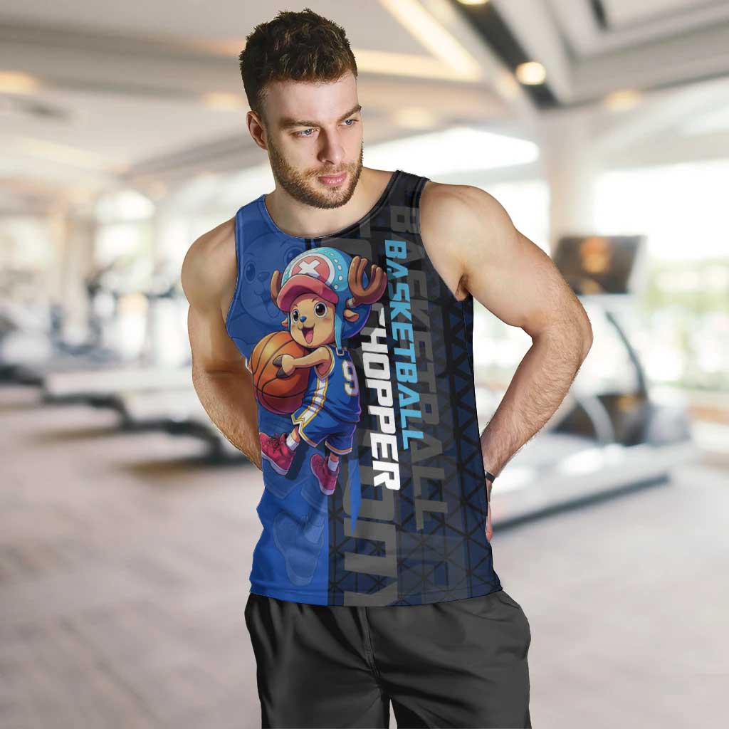 Tony Tony Chopper One Piece Basketball Theme Blue and Black Design Men Tank Top with Straw Hat Crew Emblem and Playful Pose - The Mazicc