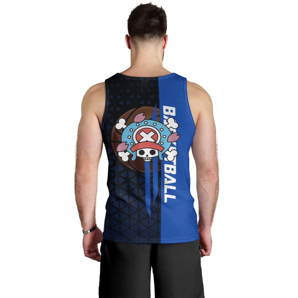Tony Tony Chopper One Piece Basketball Theme Blue and Black Design Men Tank Top with Straw Hat Crew Emblem and Playful Pose - The Mazicc