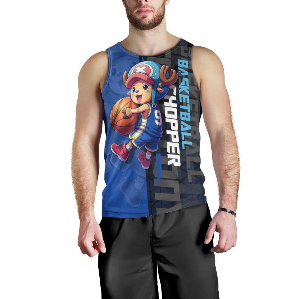 Tony Tony Chopper One Piece Basketball Theme Blue and Black Design Men Tank Top with Straw Hat Crew Emblem and Playful Pose - The Mazicc