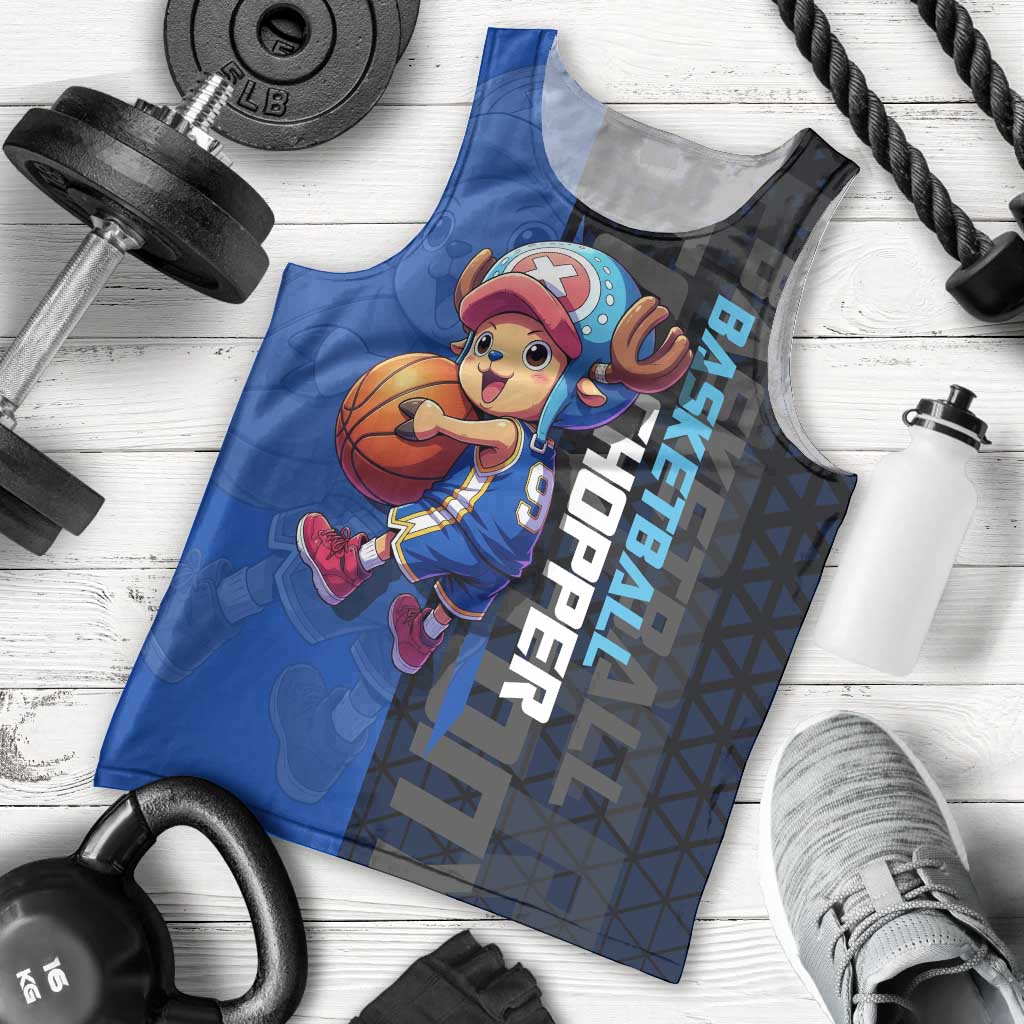 Tony Tony Chopper One Piece Basketball Theme Blue and Black Design Men Tank Top with Straw Hat Crew Emblem and Playful Pose - The Mazicc