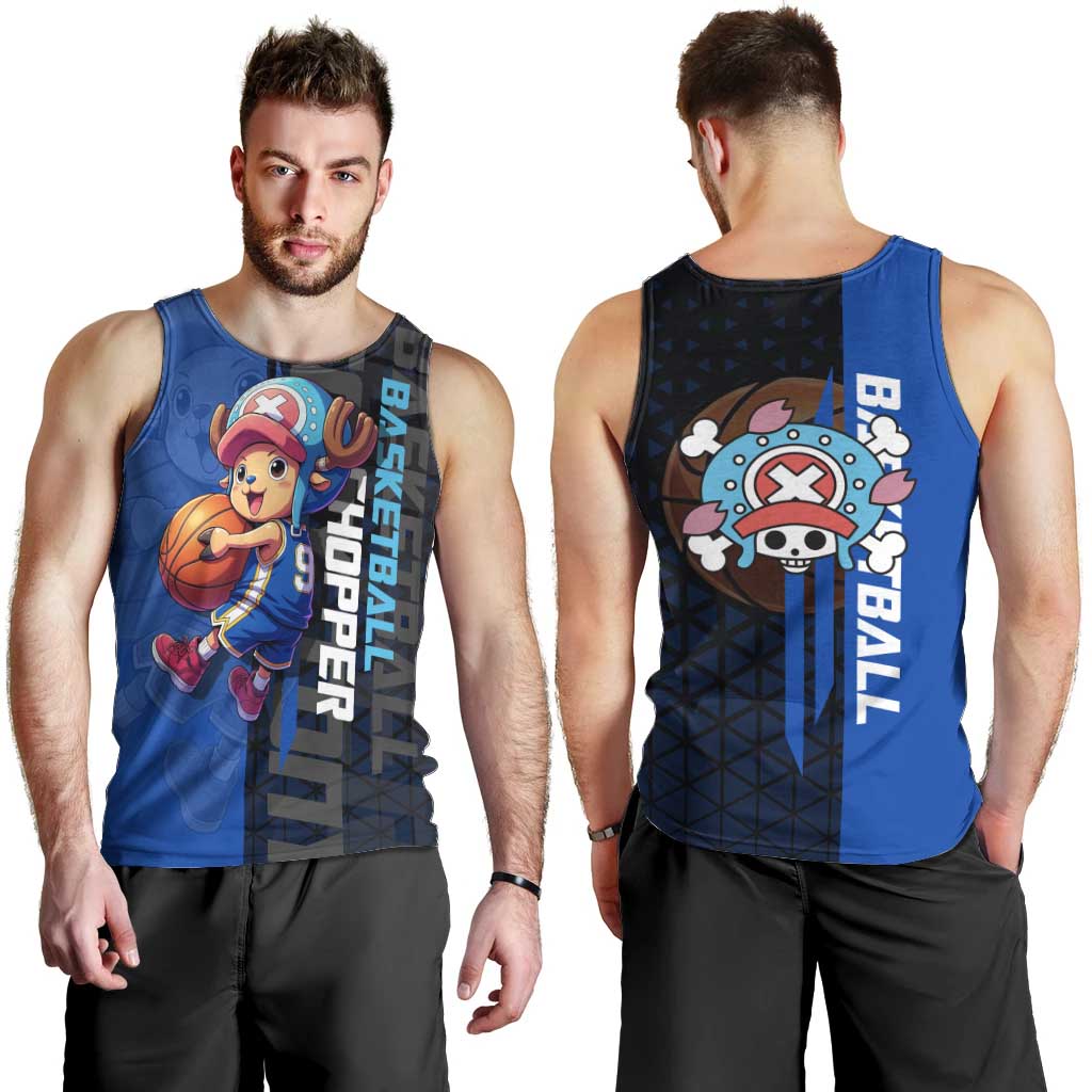 Tony Tony Chopper One Piece Basketball Theme Blue and Black Design Men Tank Top with Straw Hat Crew Emblem and Playful Pose - The Mazicc