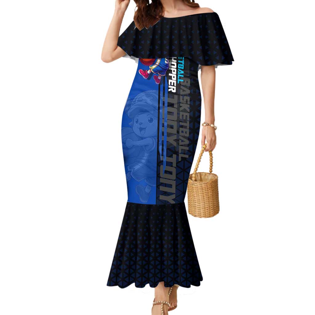 Tony Tony Chopper One Piece Basketball Theme Blue and Black Design Mermaid Dress with Straw Hat Crew Emblem and Playful Pose - The Mazicc