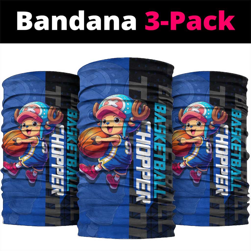 Tony Tony Chopper One Piece Basketball Theme Blue and Black Design Neck Gaiter with Straw Hat Crew Emblem and Playful Pose - The Mazicc