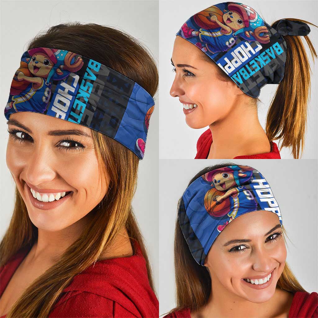 Tony Tony Chopper One Piece Basketball Theme Blue and Black Design Neck Gaiter with Straw Hat Crew Emblem and Playful Pose - The Mazicc