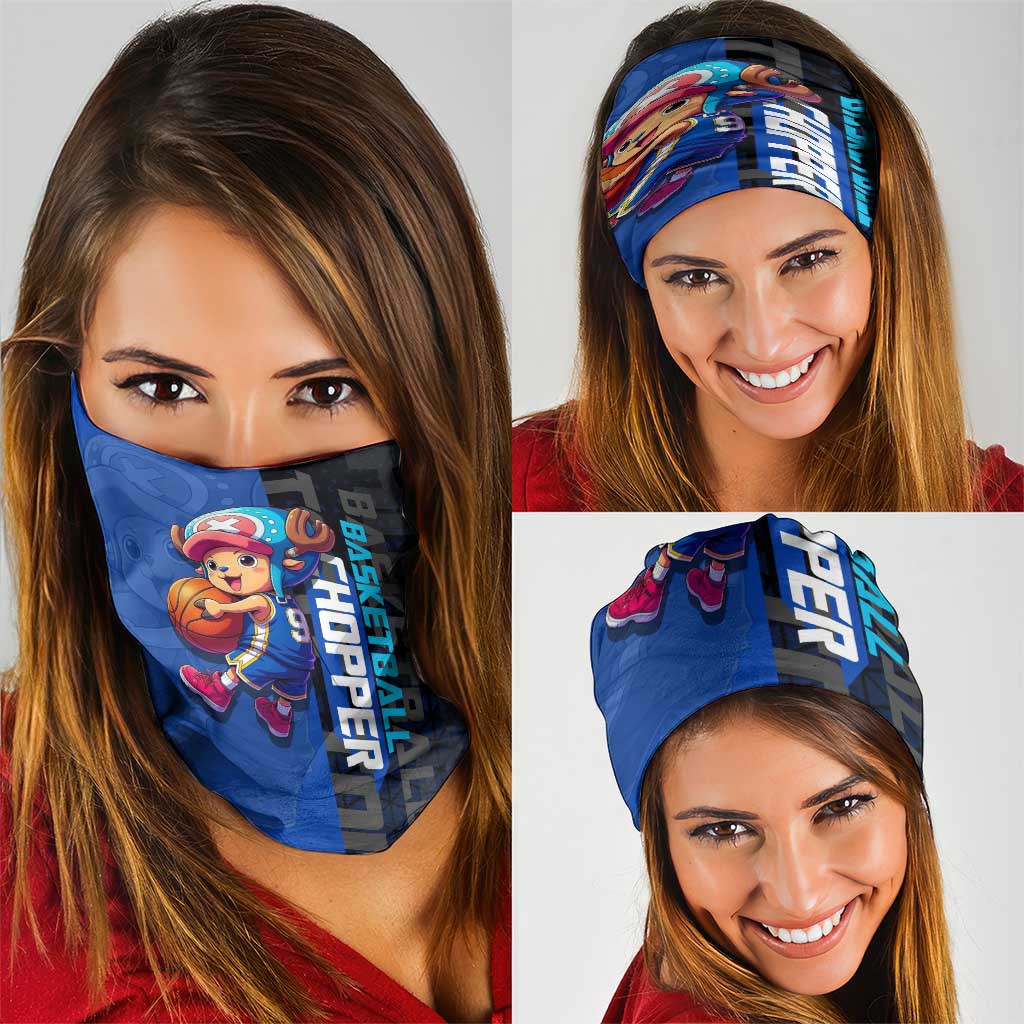 Tony Tony Chopper One Piece Basketball Theme Blue and Black Design Neck Gaiter with Straw Hat Crew Emblem and Playful Pose - The Mazicc