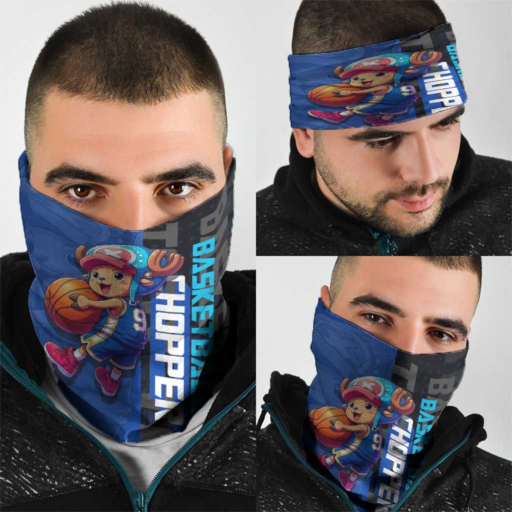 Tony Tony Chopper One Piece Basketball Theme Blue and Black Design Neck Gaiter with Straw Hat Crew Emblem and Playful Pose - The Mazicc