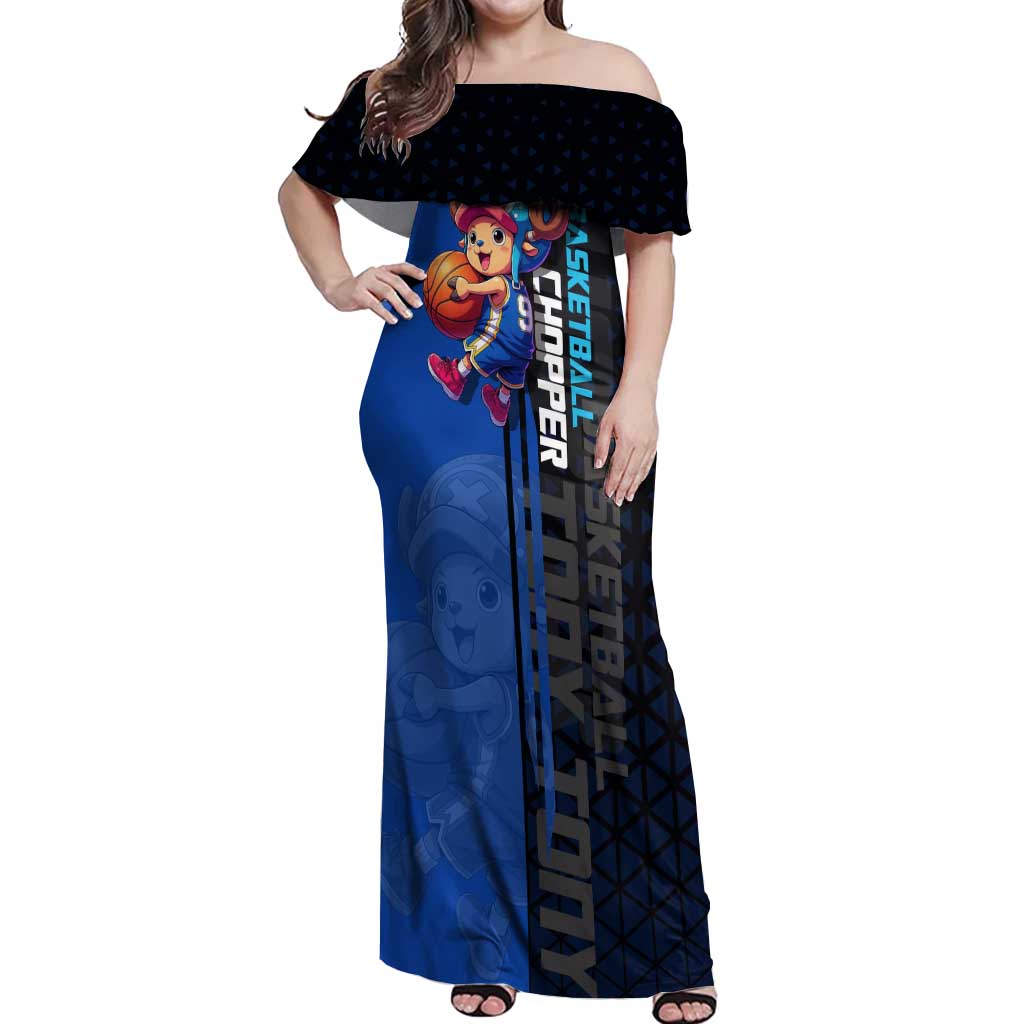 Tony Tony Chopper One Piece Basketball Theme Blue and Black Design Off Shoulder Maxi Dress with Straw Hat Crew Emblem and Playful Pose - The Mazicc
