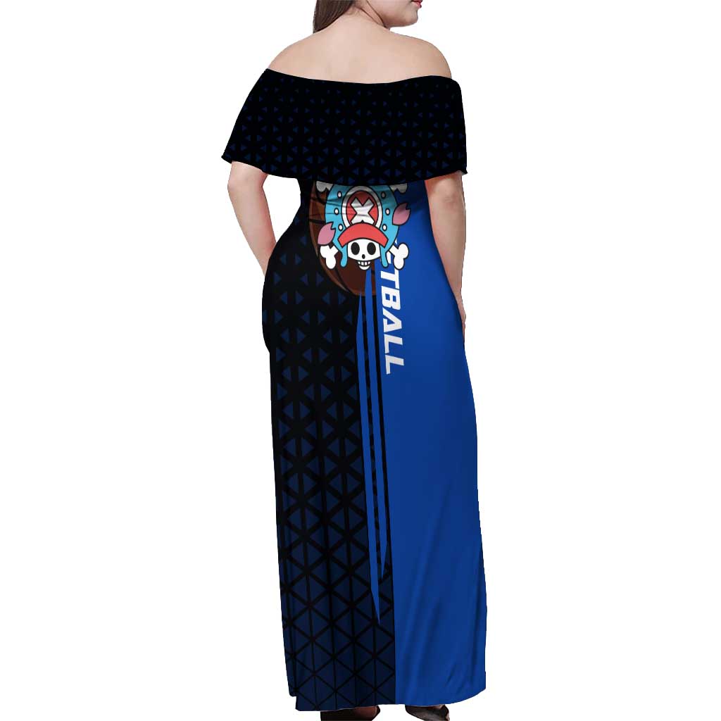 Tony Tony Chopper One Piece Basketball Theme Blue and Black Design Off Shoulder Maxi Dress with Straw Hat Crew Emblem and Playful Pose - The Mazicc