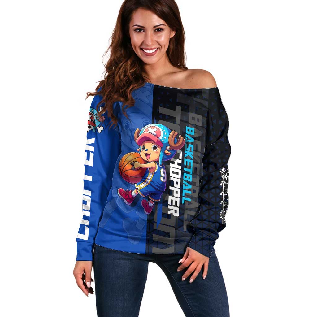 Tony Tony Chopper One Piece Basketball Theme Blue and Black Design Off Shoulder Sweater with Straw Hat Crew Emblem and Playful Pose - The Mazicc