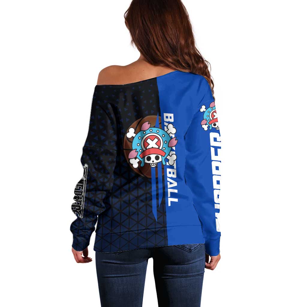 Tony Tony Chopper One Piece Basketball Theme Blue and Black Design Off Shoulder Sweater with Straw Hat Crew Emblem and Playful Pose - The Mazicc