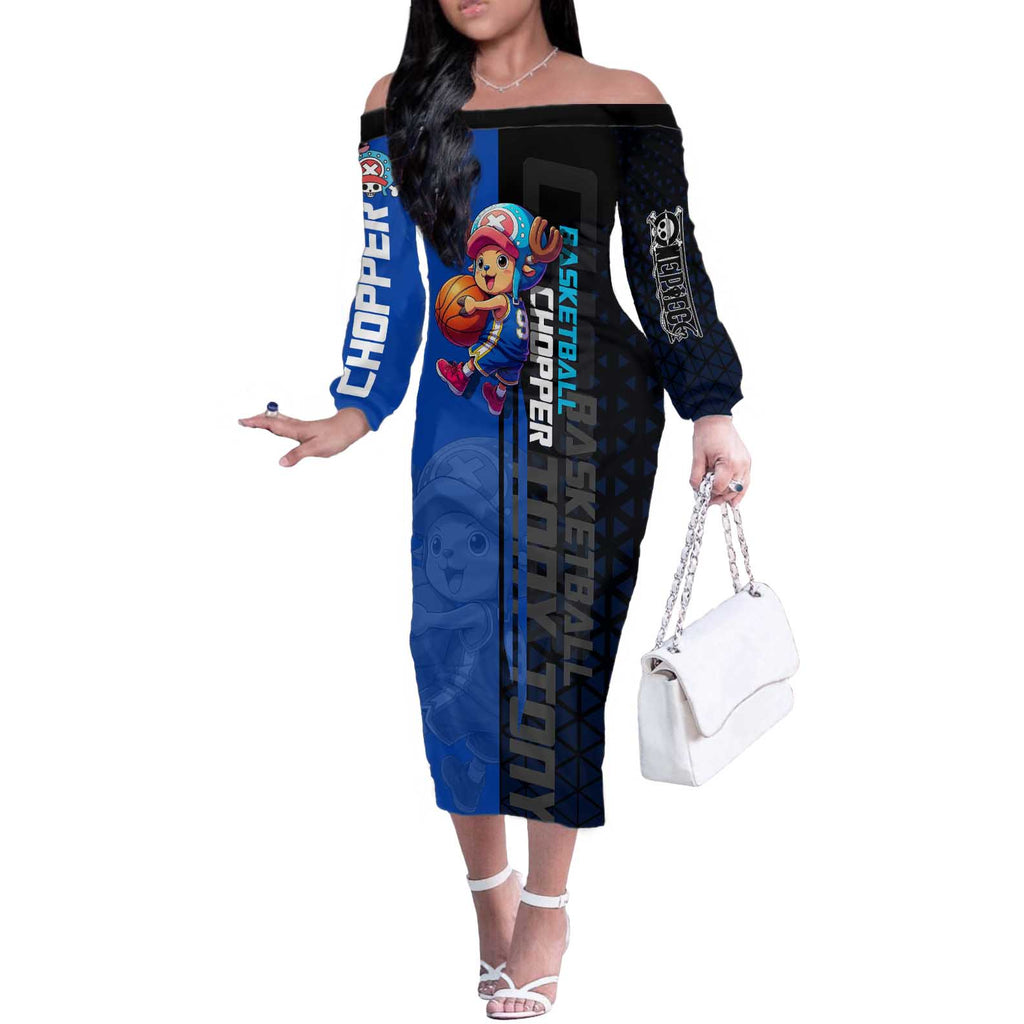 Tony Tony Chopper One Piece Basketball Theme Blue and Black Design Off The Shoulder Long Sleeve Dress with Straw Hat Crew Emblem and Playful Pose - The Mazicc