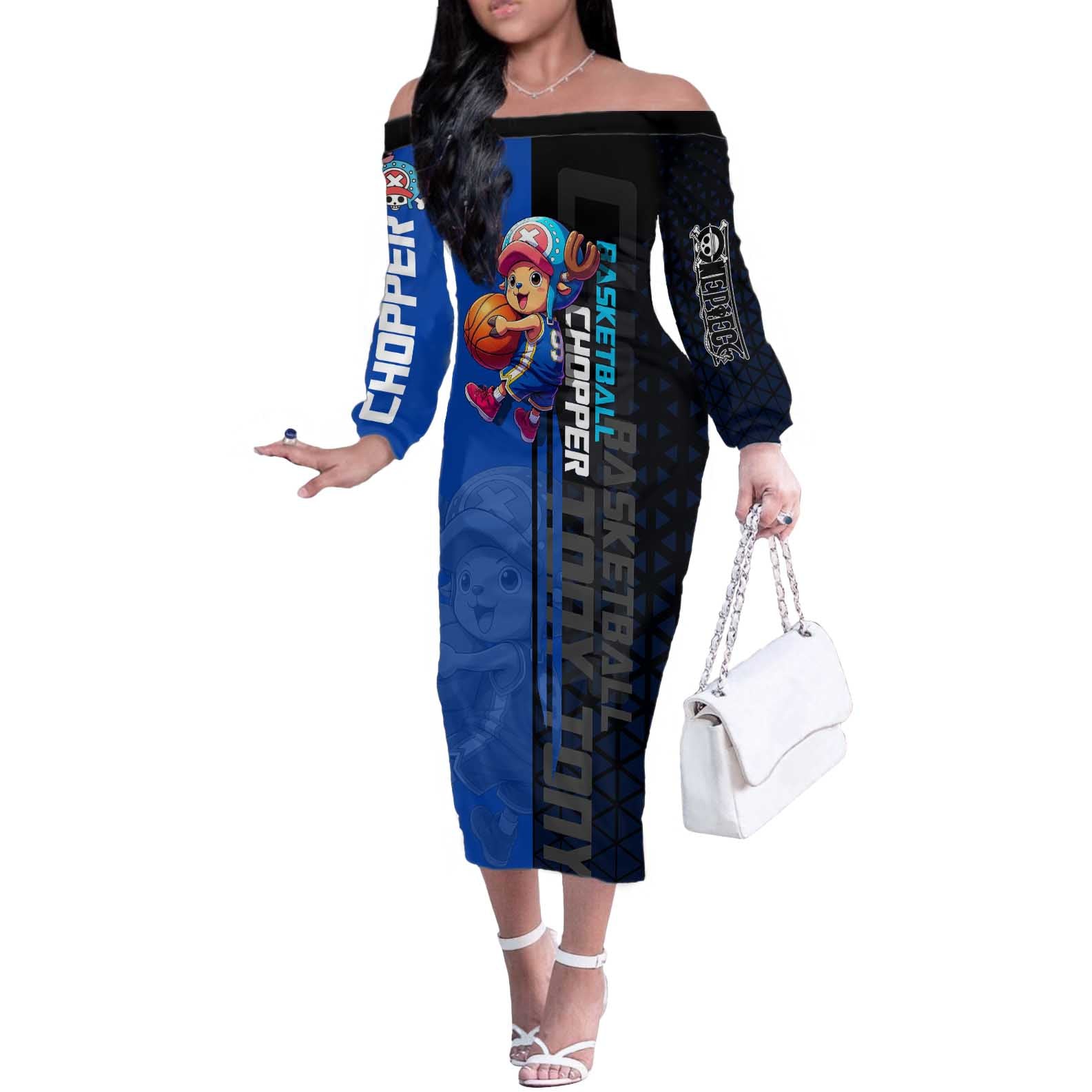Tony Tony Chopper One Piece Basketball Theme Blue and Black Design Off The Shoulder Long Sleeve Dress with Straw Hat Crew Emblem and Playful Pose - The Mazicc