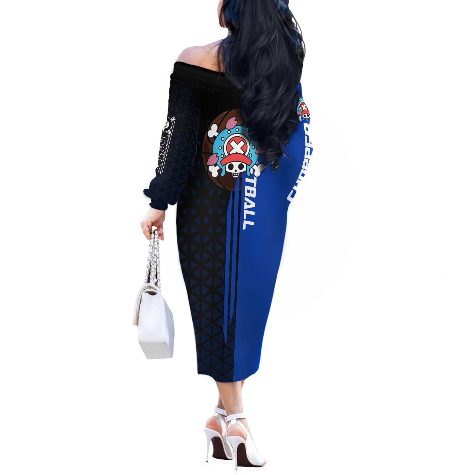 Tony Tony Chopper One Piece Basketball Theme Blue and Black Design Off The Shoulder Long Sleeve Dress with Straw Hat Crew Emblem and Playful Pose - The Mazicc