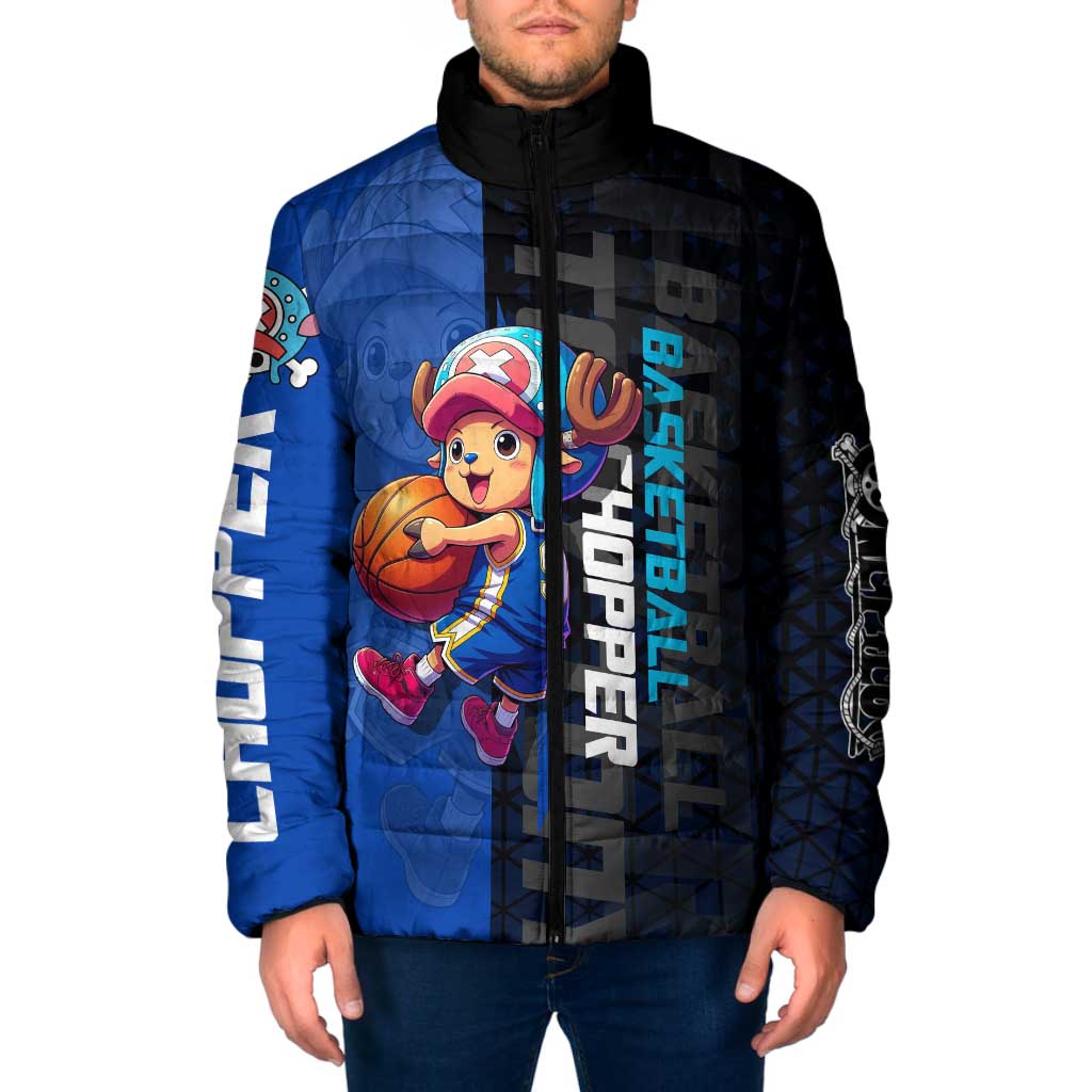 Tony Tony Chopper One Piece Basketball Theme Blue and Black Design Padded Jacket with Straw Hat Crew Emblem and Playful Pose - The Mazicc