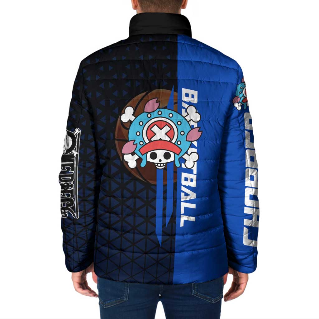 Tony Tony Chopper One Piece Basketball Theme Blue and Black Design Padded Jacket with Straw Hat Crew Emblem and Playful Pose - The Mazicc