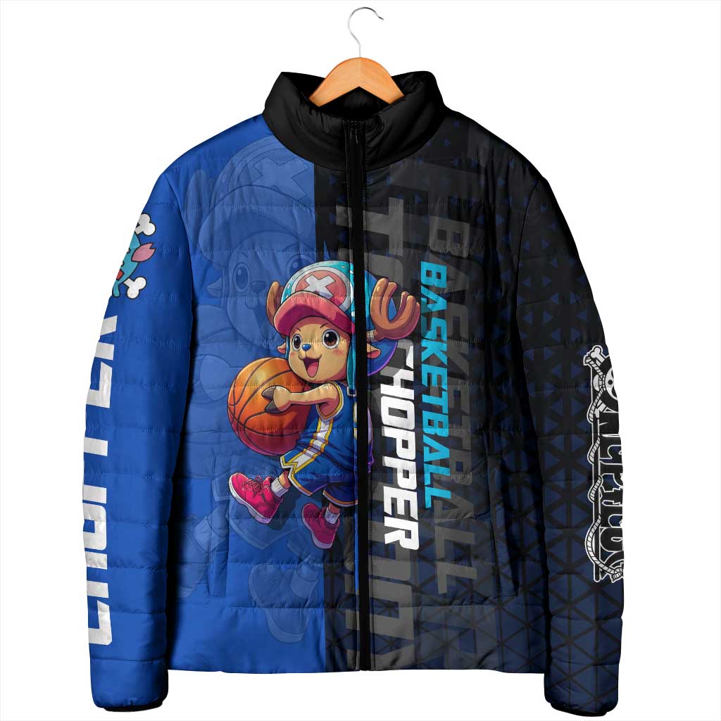 Tony Tony Chopper One Piece Basketball Theme Blue and Black Design Padded Jacket with Straw Hat Crew Emblem and Playful Pose - The Mazicc