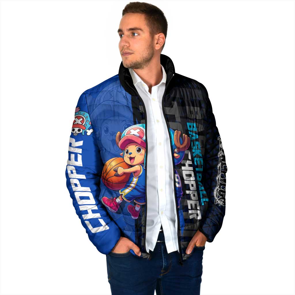 Tony Tony Chopper One Piece Basketball Theme Blue and Black Design Padded Jacket with Straw Hat Crew Emblem and Playful Pose - The Mazicc