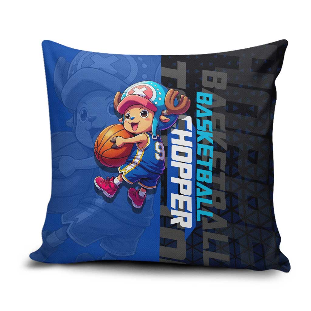 Tony Tony Chopper One Piece Basketball Theme Blue and Black Design Pillow Cover with Straw Hat Crew Emblem and Playful Pose - The Mazicc