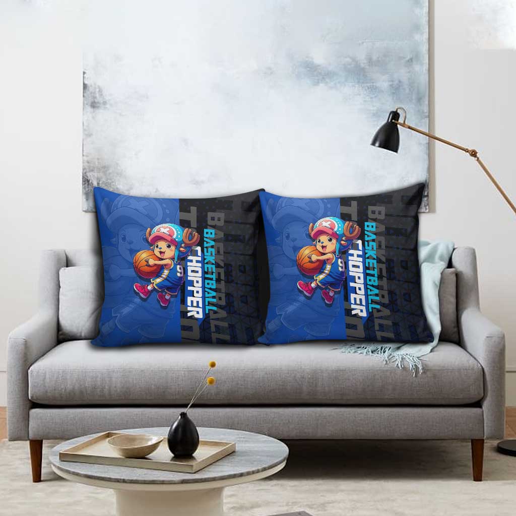 Tony Tony Chopper One Piece Basketball Theme Blue and Black Design Pillow Cover with Straw Hat Crew Emblem and Playful Pose - The Mazicc