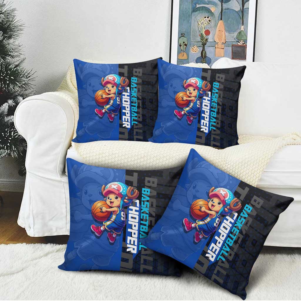 Tony Tony Chopper One Piece Basketball Theme Blue and Black Design Pillow Cover with Straw Hat Crew Emblem and Playful Pose - The Mazicc