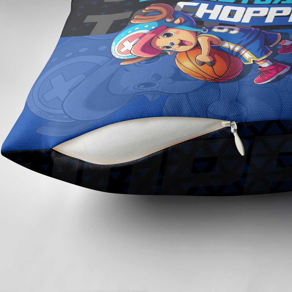 Tony Tony Chopper One Piece Basketball Theme Blue and Black Design Pillow Cover with Straw Hat Crew Emblem and Playful Pose - The Mazicc