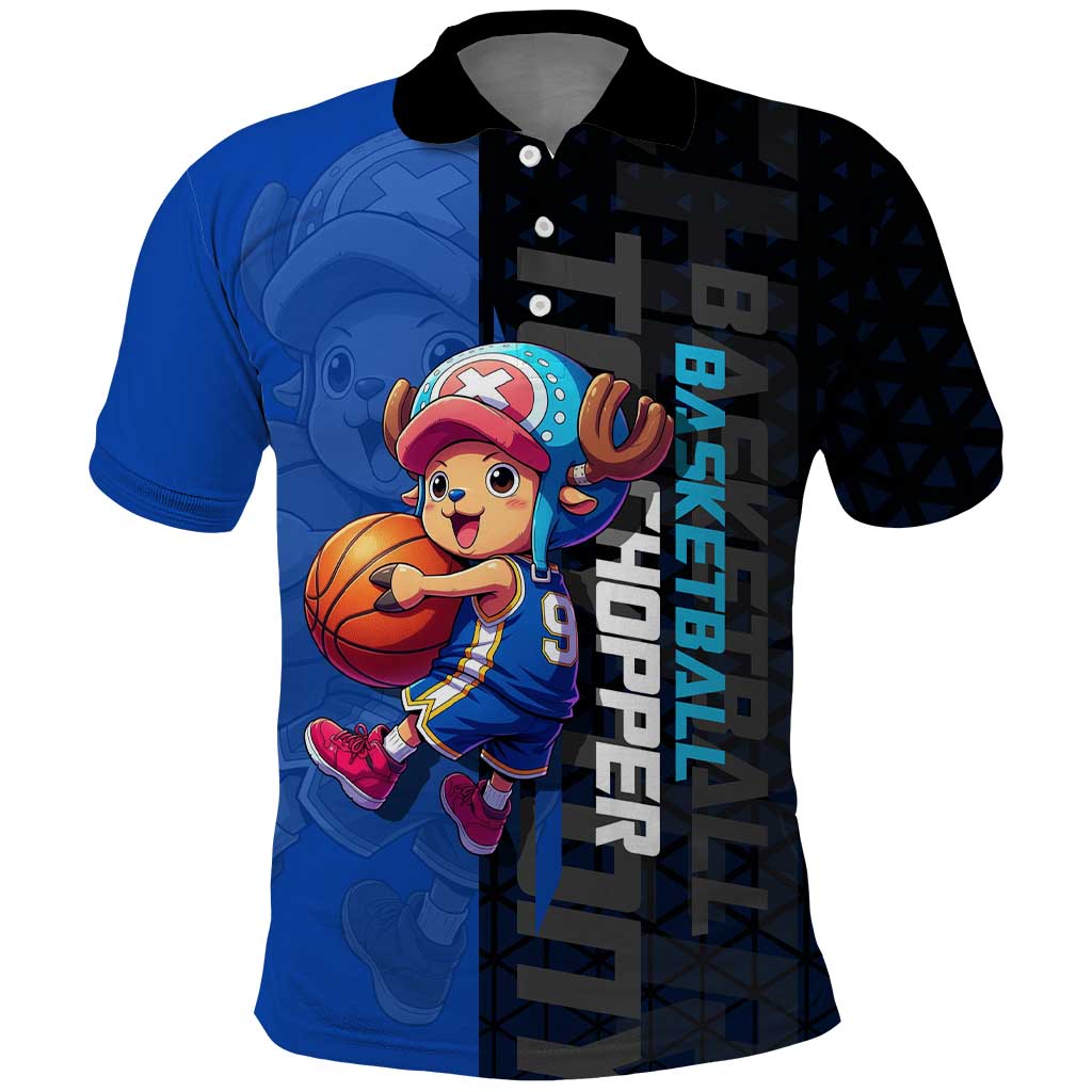 Tony Tony Chopper One Piece Basketball Theme Blue and Black Design Polo Shirt with Straw Hat Crew Emblem and Playful Pose - The Mazicc