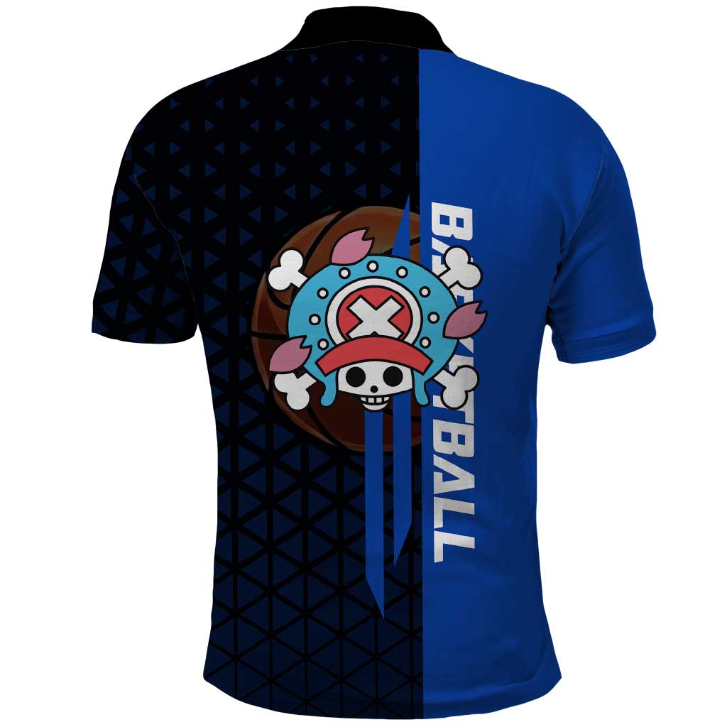 Tony Tony Chopper One Piece Basketball Theme Blue and Black Design Polo Shirt with Straw Hat Crew Emblem and Playful Pose - The Mazicc