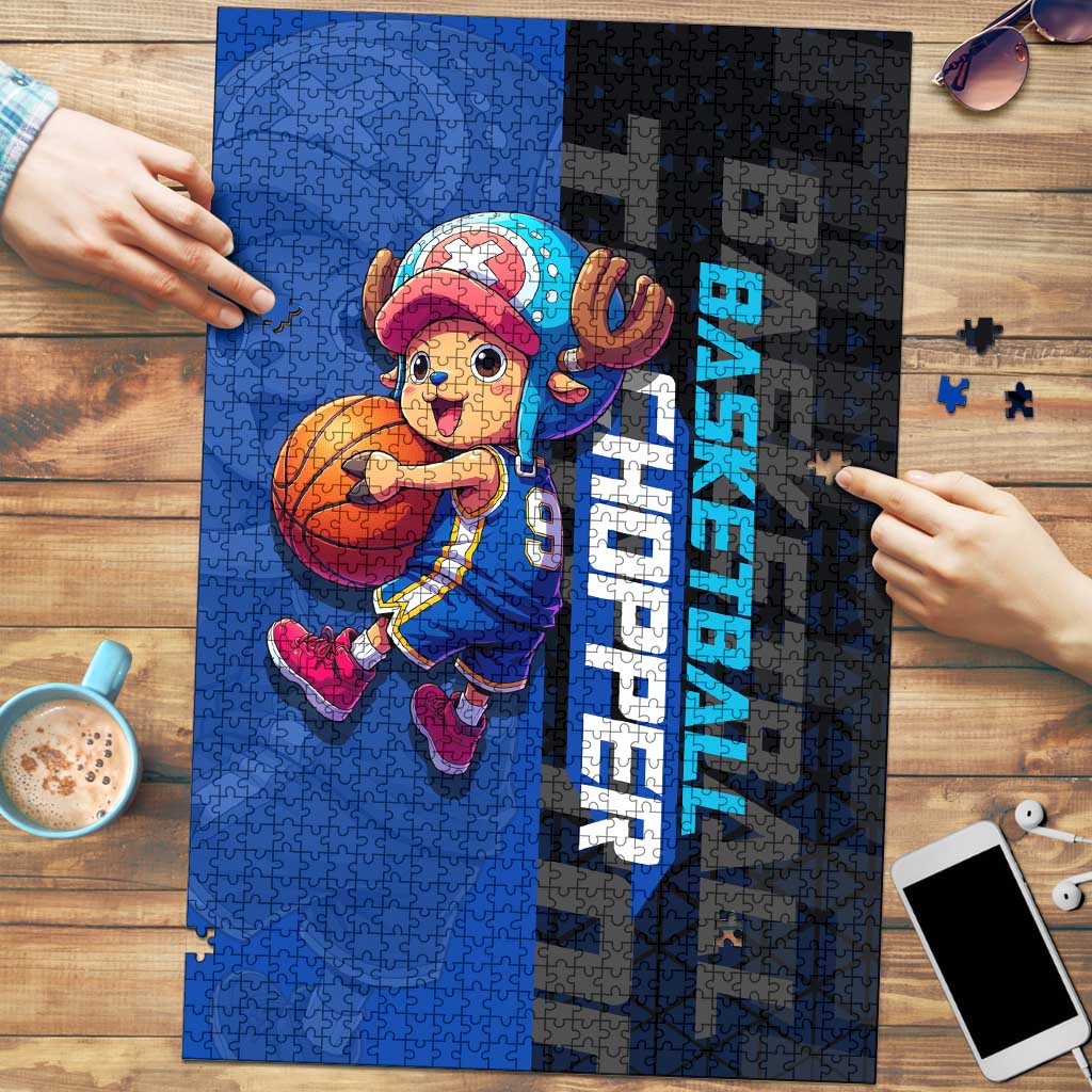 Tony Tony Chopper One Piece Basketball Theme Blue and Black Design Puzzle with Straw Hat Crew Emblem and Playful Pose - The Mazicc