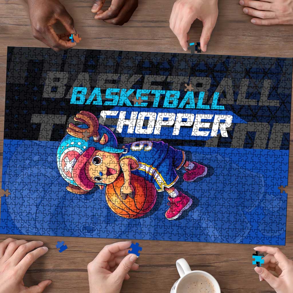 Tony Tony Chopper One Piece Basketball Theme Blue and Black Design Puzzle with Straw Hat Crew Emblem and Playful Pose - The Mazicc