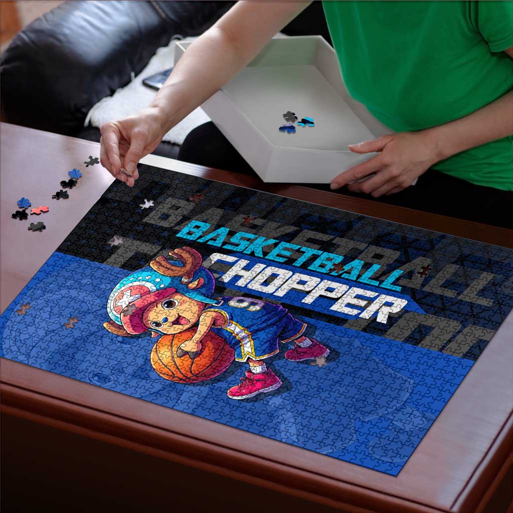 Tony Tony Chopper One Piece Basketball Theme Blue and Black Design Puzzle with Straw Hat Crew Emblem and Playful Pose - The Mazicc