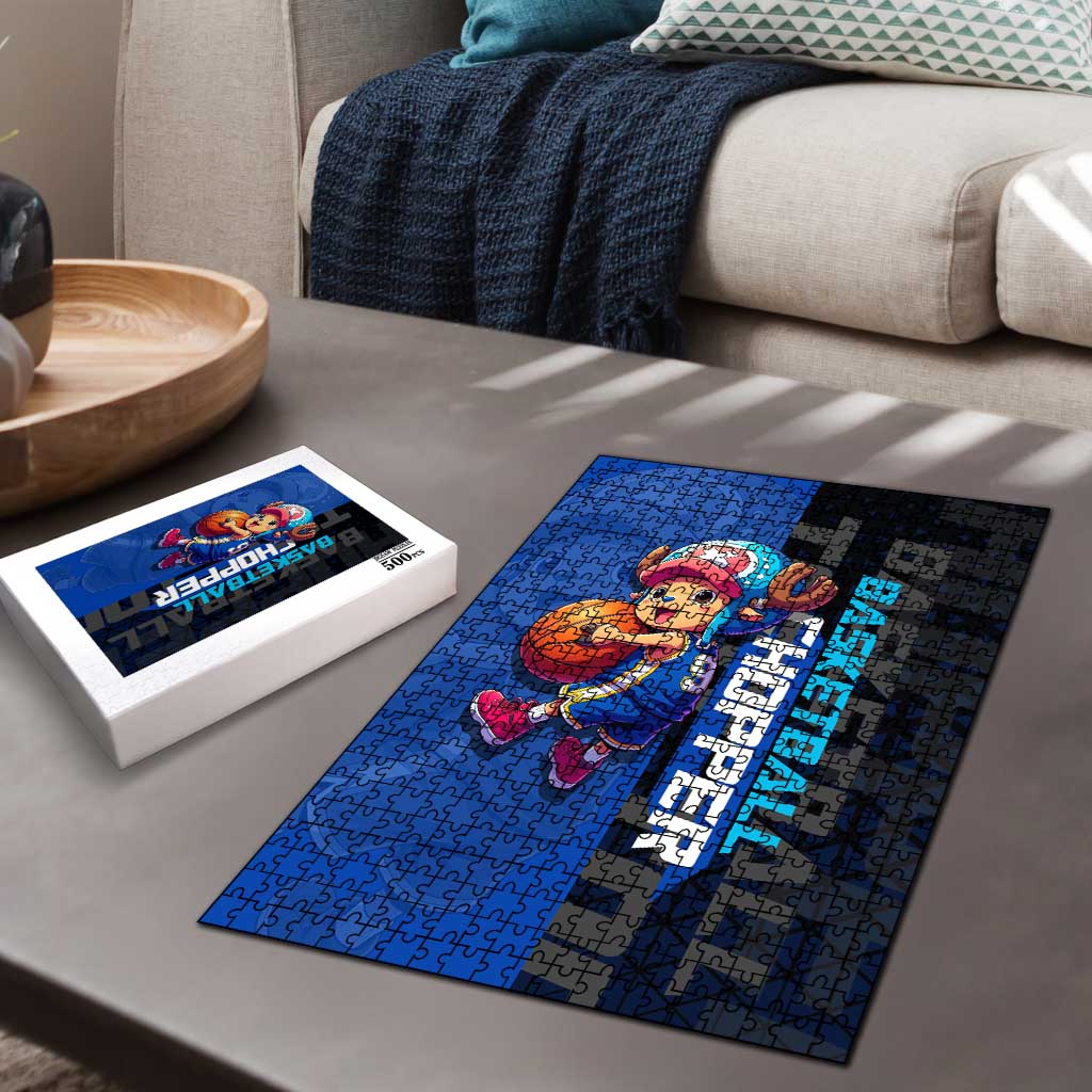 Tony Tony Chopper One Piece Basketball Theme Blue and Black Design Puzzle with Straw Hat Crew Emblem and Playful Pose - The Mazicc