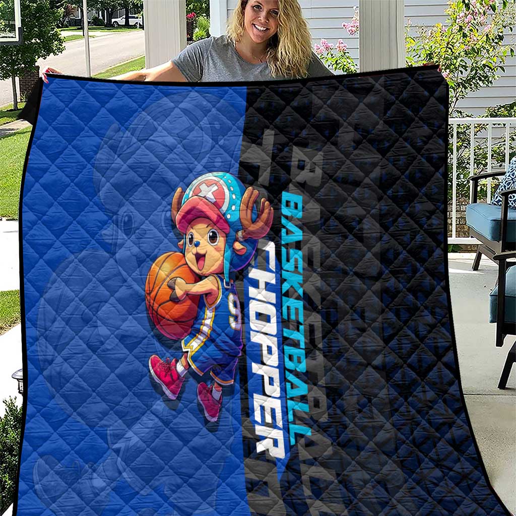Tony Tony Chopper One Piece Basketball Theme Blue and Black Design Quilt with Straw Hat Crew Emblem and Playful Pose - The Mazicc