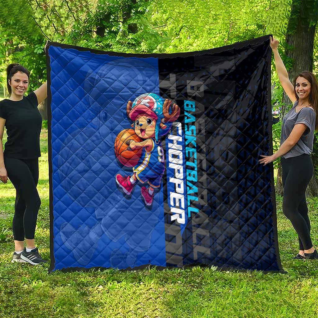 Tony Tony Chopper One Piece Basketball Theme Blue and Black Design Quilt with Straw Hat Crew Emblem and Playful Pose - The Mazicc