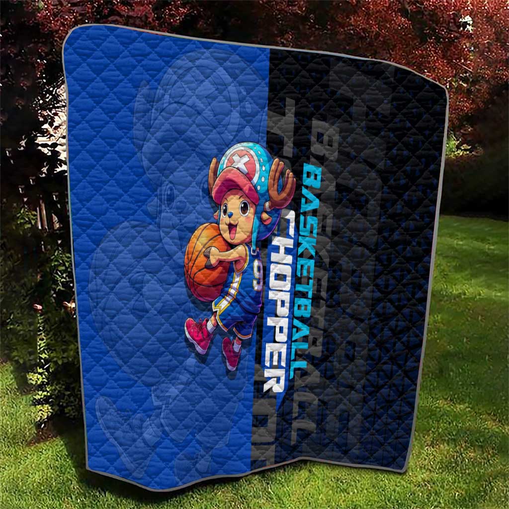 Tony Tony Chopper One Piece Basketball Theme Blue and Black Design Quilt with Straw Hat Crew Emblem and Playful Pose - The Mazicc