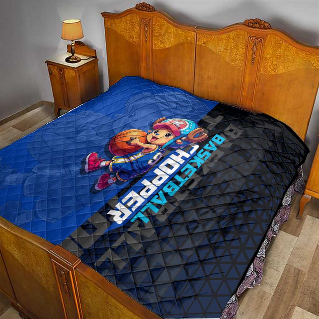 Tony Tony Chopper One Piece Basketball Theme Blue and Black Design Quilt with Straw Hat Crew Emblem and Playful Pose - The Mazicc