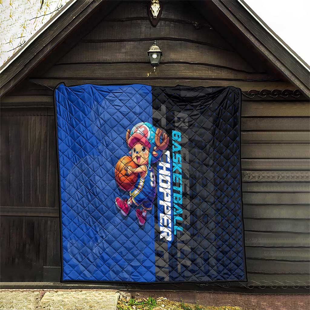 Tony Tony Chopper One Piece Basketball Theme Blue and Black Design Quilt with Straw Hat Crew Emblem and Playful Pose - The Mazicc
