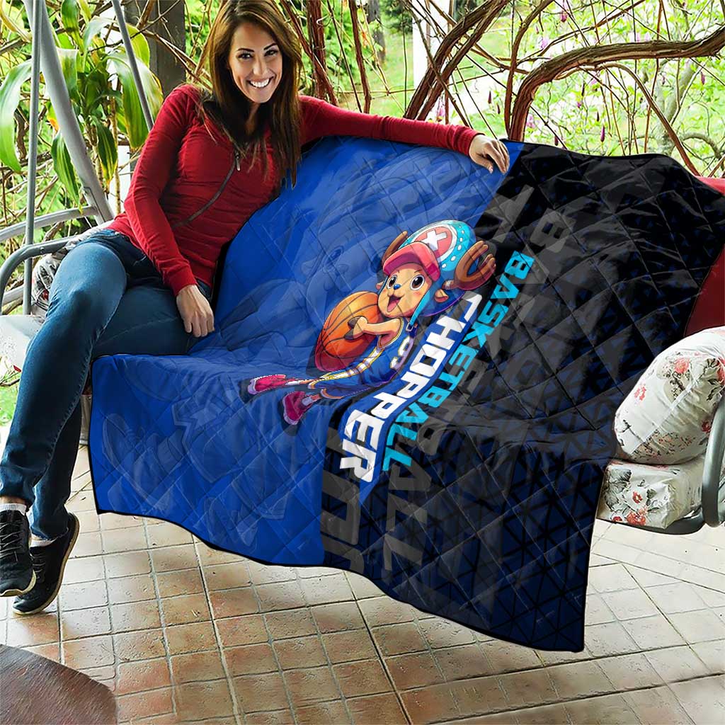 Tony Tony Chopper One Piece Basketball Theme Blue and Black Design Quilt with Straw Hat Crew Emblem and Playful Pose - The Mazicc