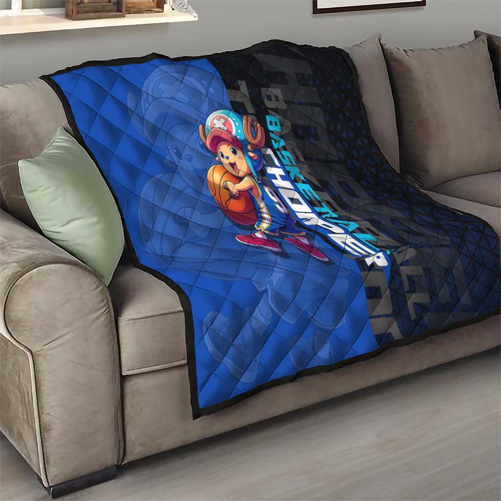 Tony Tony Chopper One Piece Basketball Theme Blue and Black Design Quilt with Straw Hat Crew Emblem and Playful Pose - The Mazicc
